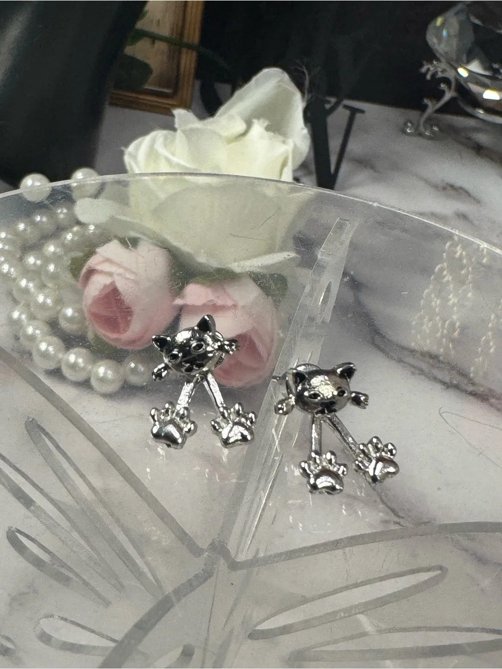 Kids Silver Cat Paw Dangle Earrings - Cute Animal Studs
